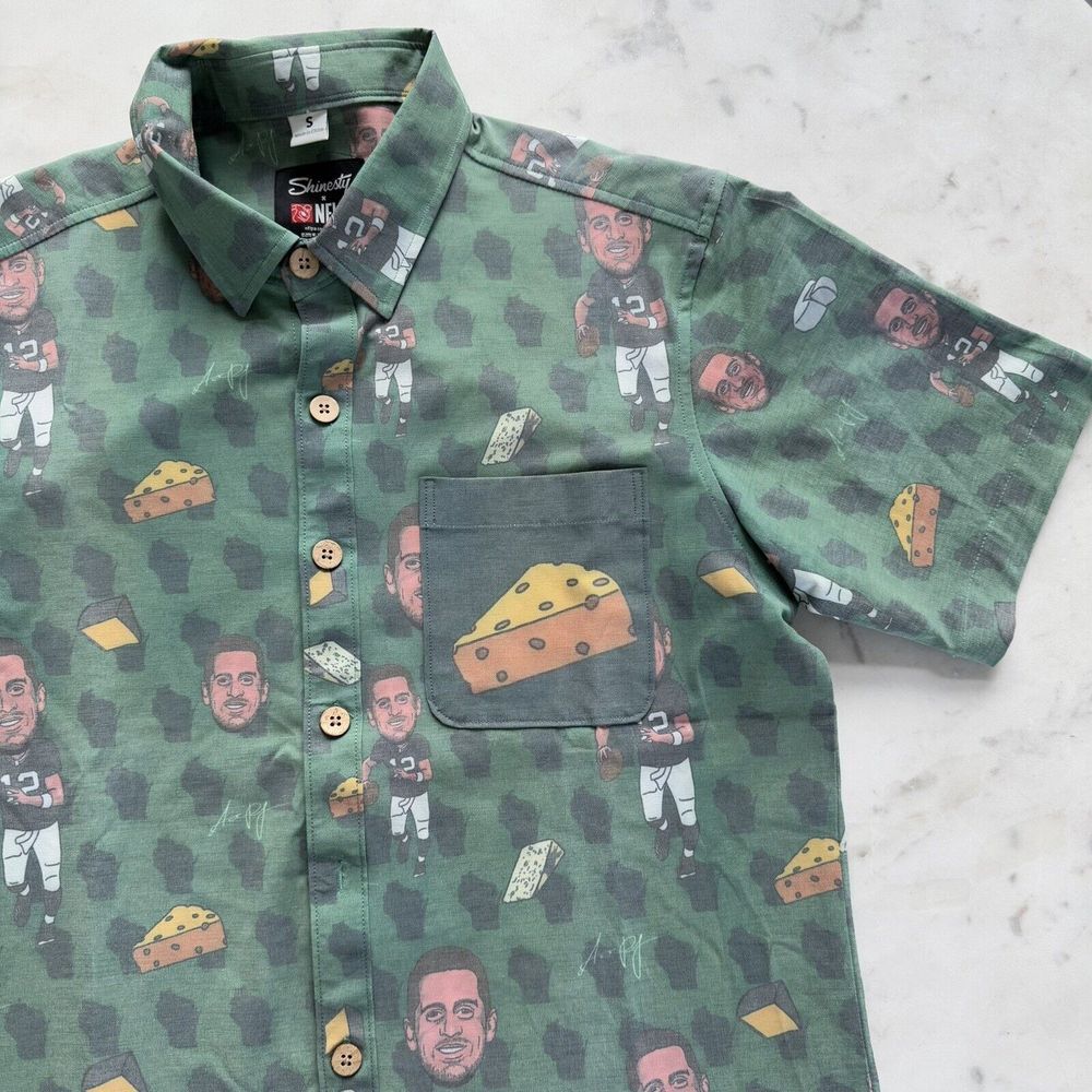New Shinesty x NFLPA Aaron Rodgers Packers Cheese Pocket Button Shirt Mens S $65